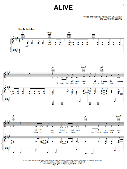 Learn to play Rebecca St. James Alive sheet music for Piano, Vocal & Guitar Chords (Right-Hand Melody) in minutes. Price: 7.8900$ Rebecca St. James Alive sheet music notes and chords arranged for Piano, Vocal & Guitar Chords (Right-Hand Melody)