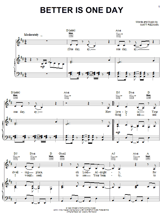 Learn to play Rebecca St. James Better Is One Day sheet music for Piano, Vocal & Guitar Chords (Right-Hand Melody) in minutes. Price: 7.8900$ Rebecca St. James Better Is One Day sheet music notes and chords arranged for Piano, Vocal & Guitar Chords (Right-Hand Melody)