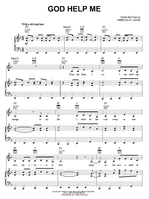 Learn to play Rebecca St. James God Help Me sheet music for Piano, Vocal & Guitar Chords (Right-Hand Melody) in minutes. Price: 7.8900$ Rebecca St. James God Help Me sheet music notes and chords arranged for Piano, Vocal & Guitar Chords (Right-Hand Melody)