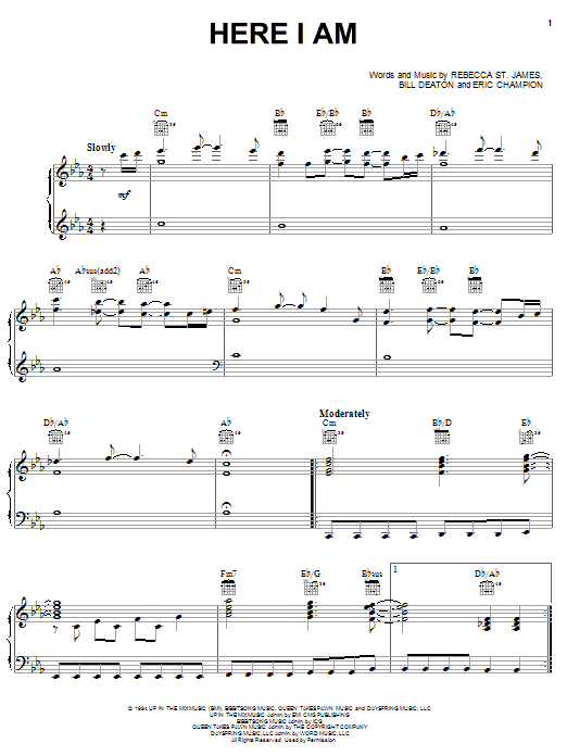 Learn to play Rebecca St. James Here I Am sheet music for Piano, Vocal & Guitar Chords (Right-Hand Melody) in minutes. Price: 7.8900$ Rebecca St. James Here I Am sheet music notes and chords arranged for Piano, Vocal & Guitar Chords (Right-Hand Melody)