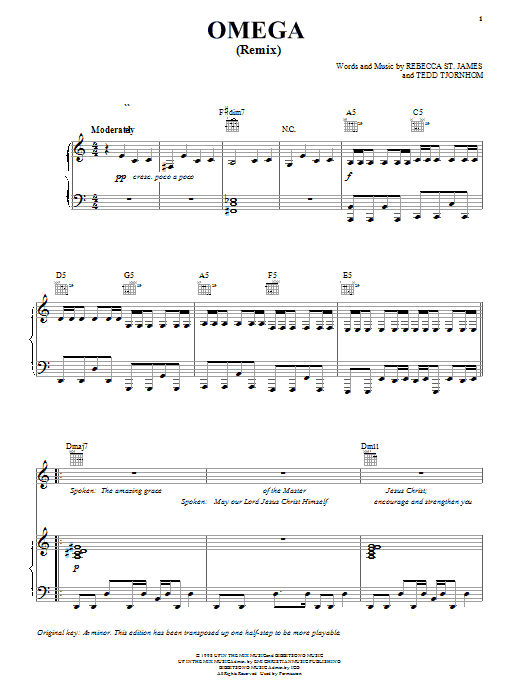 Learn to play Rebecca St. James Omega (Remix) sheet music for Piano, Vocal & Guitar Chords (Right-Hand Melody) in minutes. Price: 7.8900$ Rebecca St. James Omega (Remix) sheet music notes and chords arranged for Piano, Vocal & Guitar Chords (Right-Hand Melody)