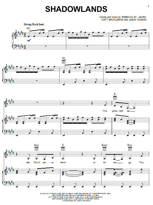 Learn to play Rebecca St. James Shadowlands sheet music for Piano, Vocal & Guitar Chords (Right-Hand Melody) in minutes. Price: 7.8900$ Rebecca St. James Shadowlands sheet music notes and chords arranged for Piano, Vocal & Guitar Chords (Right-Hand Melody)