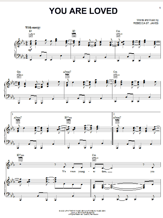 Learn to play Rebecca St. James You Are Loved sheet music for Piano, Vocal & Guitar Chords (Right-Hand Melody) in minutes. Price: 7.8900$ Rebecca St. James You Are Loved sheet music notes and chords arranged for Piano, Vocal & Guitar Chords (Right-Hand Melody)
