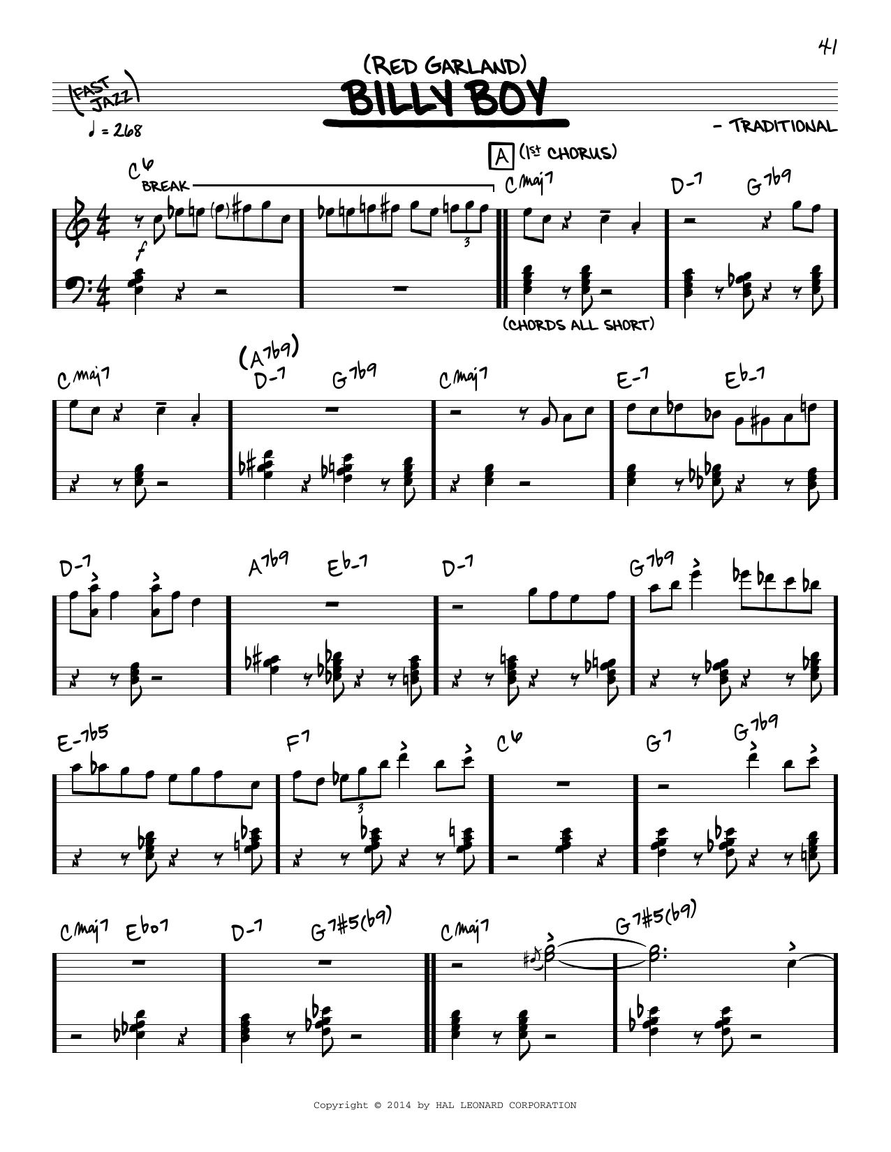 Red Garland Billy Boy (solo only) sheet music notes and chords. Download Printable PDF.