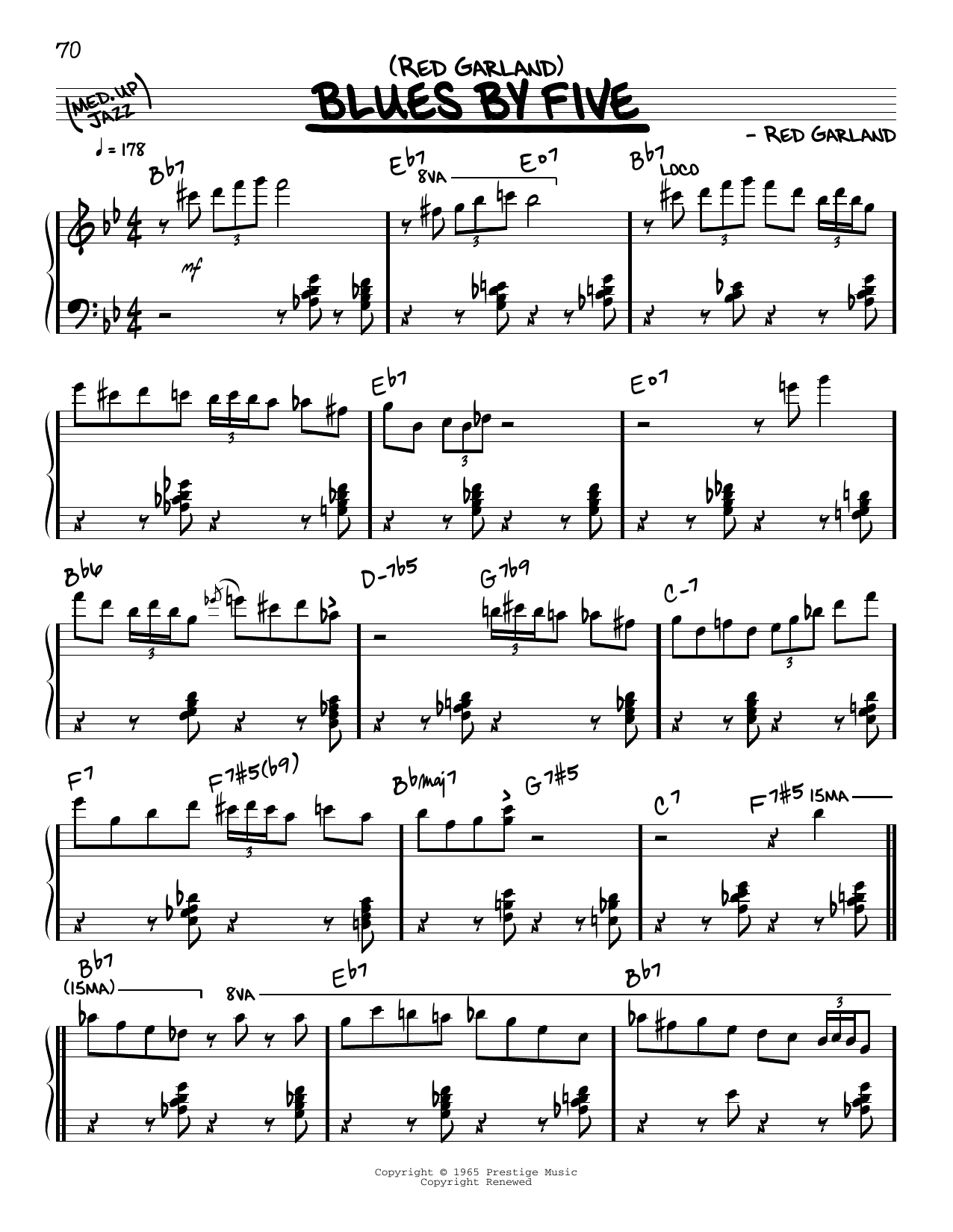 Red Garland Blues By Five (solo only) sheet music notes and chords. Download Printable PDF.