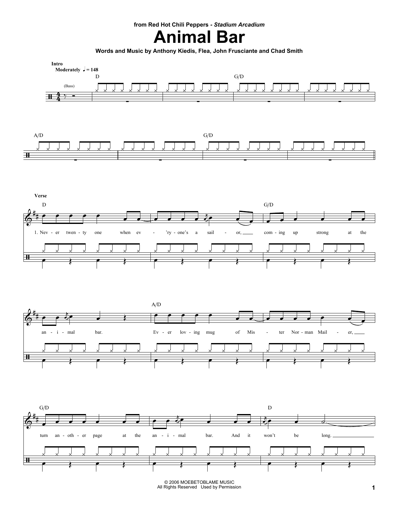 Red Hot Chili Peppers Animal Bar sheet music notes and chords. Download Printable PDF.