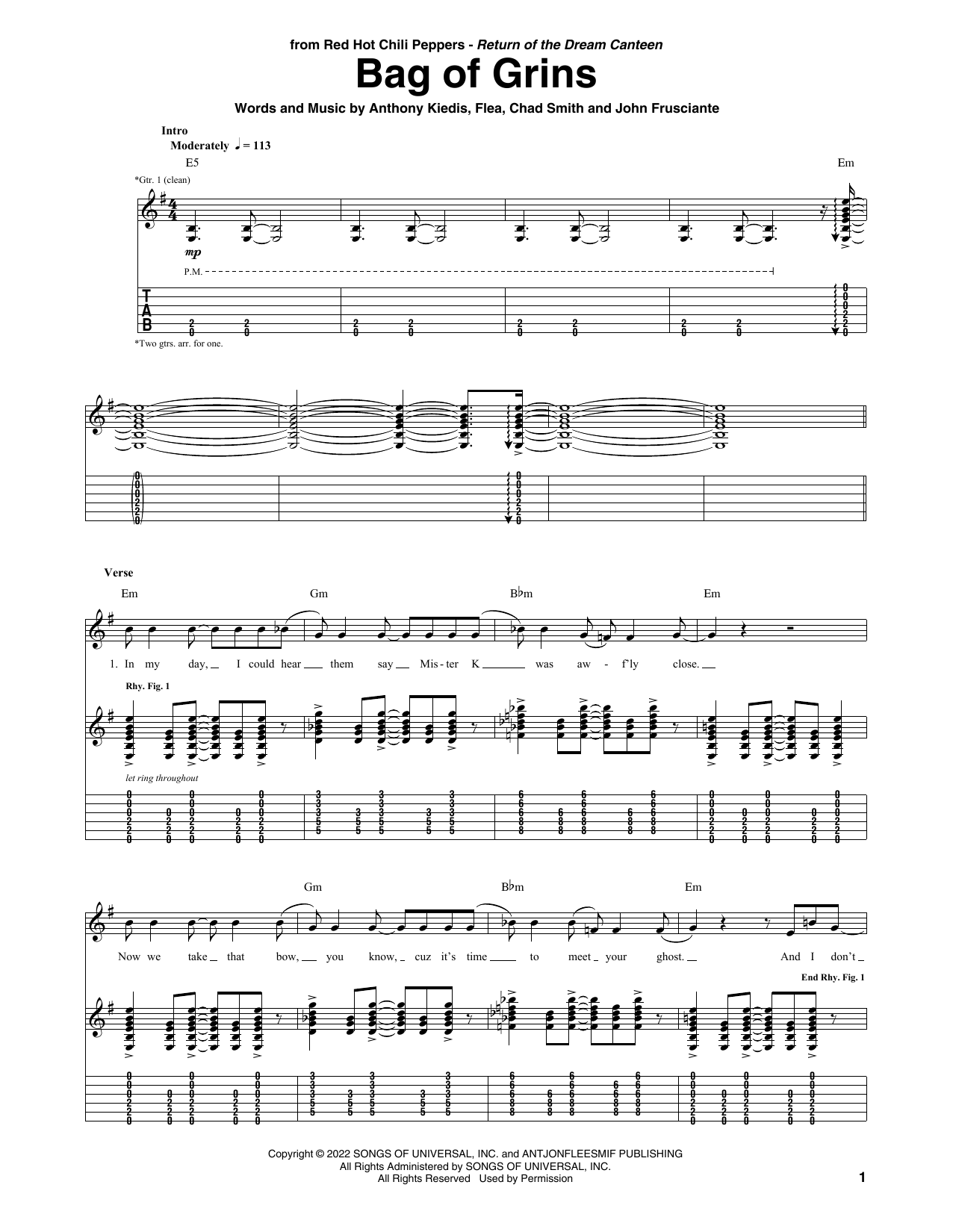 Learn to play Red Hot Chili Peppers Bag Of Grins sheet music for Guitar Tab in minutes. Price: 7.8900$ Red Hot Chili Peppers Bag Of Grins sheet music notes and chords arranged for Guitar Tab