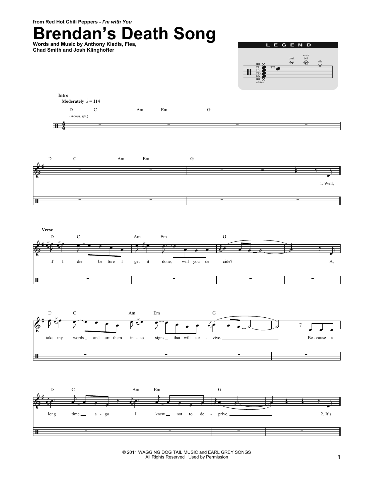 Red Hot Chili Peppers Brendan's Death Song sheet music notes and chords. Download Printable PDF.