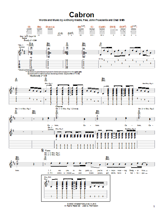 Learn to play Red Hot Chili Peppers Cabron sheet music for Guitar Tab in minutes. Price: 7.8900$ Red Hot Chili Peppers Cabron sheet music notes and chords arranged for Guitar Tab