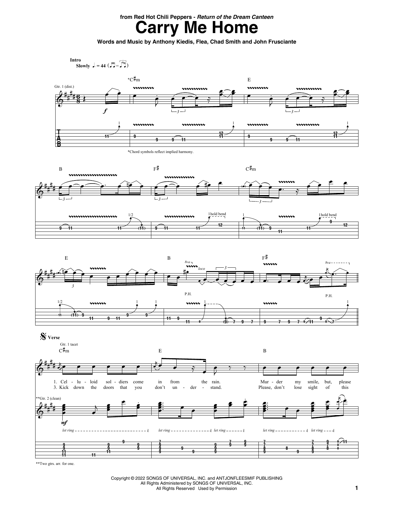 Red Hot Chili Peppers Carry Me Home sheet music notes and chords. Download Printable PDF.