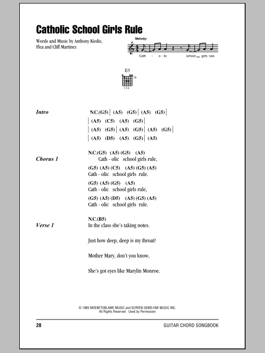 Red Hot Chili Peppers Catholic School Girls Rule sheet music notes and chords. Download Printable PDF.