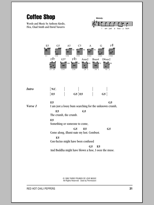 Red Hot Chili Peppers Coffee Shop sheet music notes and chords. Download Printable PDF.