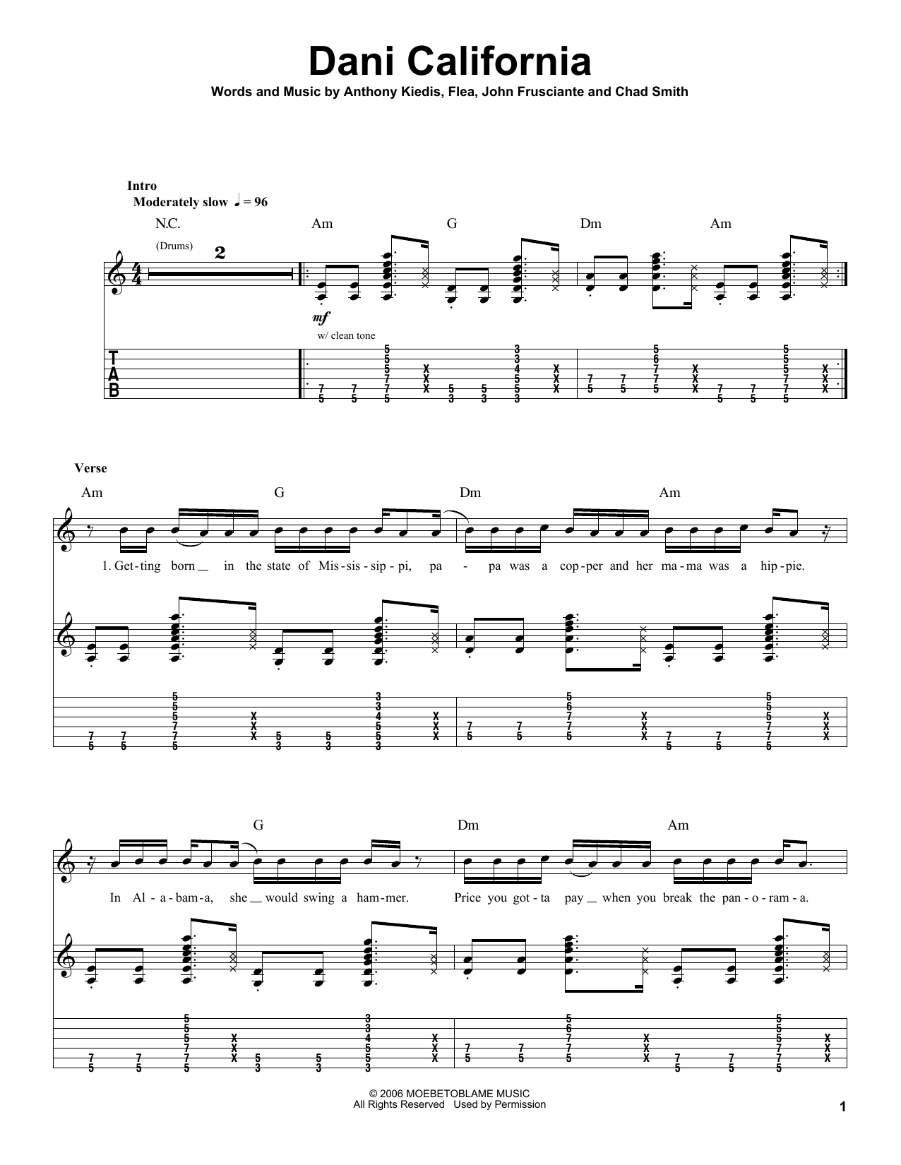 Red Hot Chili Peppers Dani California sheet music notes and chords. Download Printable PDF.