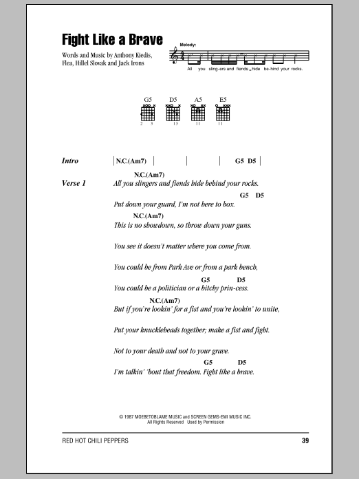 Red Hot Chili Peppers Fight Like A Brave sheet music notes and chords. Download Printable PDF.