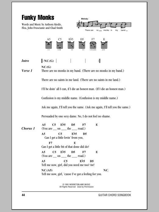 Learn to play Red Hot Chili Peppers Funky Monks sheet music for Guitar Tab in minutes. Price: 7.8900$ Red Hot Chili Peppers Funky Monks sheet music notes and chords arranged for Guitar Tab