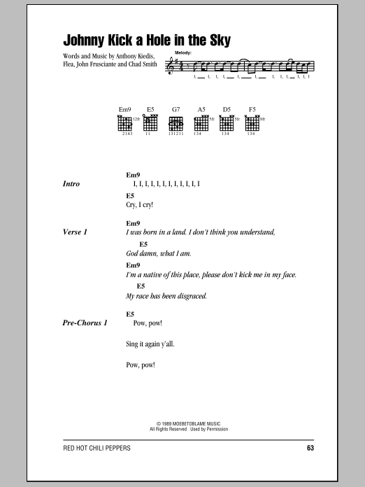 Red Hot Chili Peppers Johnny Kick A Hole In The Sky sheet music notes and chords. Download Printable PDF.