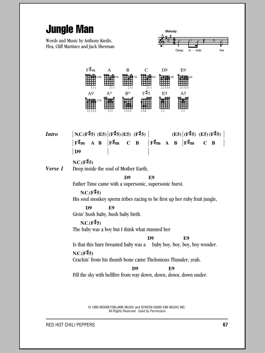 Learn to play Red Hot Chili Peppers Jungle Man sheet music for Guitar Chords/Lyrics in minutes. Price: 4.4900$ Red Hot Chili Peppers Jungle Man sheet music notes and chords arranged for Guitar Chords/Lyrics