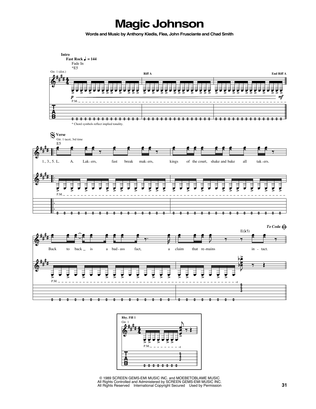 Learn to play Red Hot Chili Peppers Magic Johnson sheet music for Guitar Tab in minutes. Price: 7.8900$ Red Hot Chili Peppers Magic Johnson sheet music notes and chords arranged for Guitar Tab