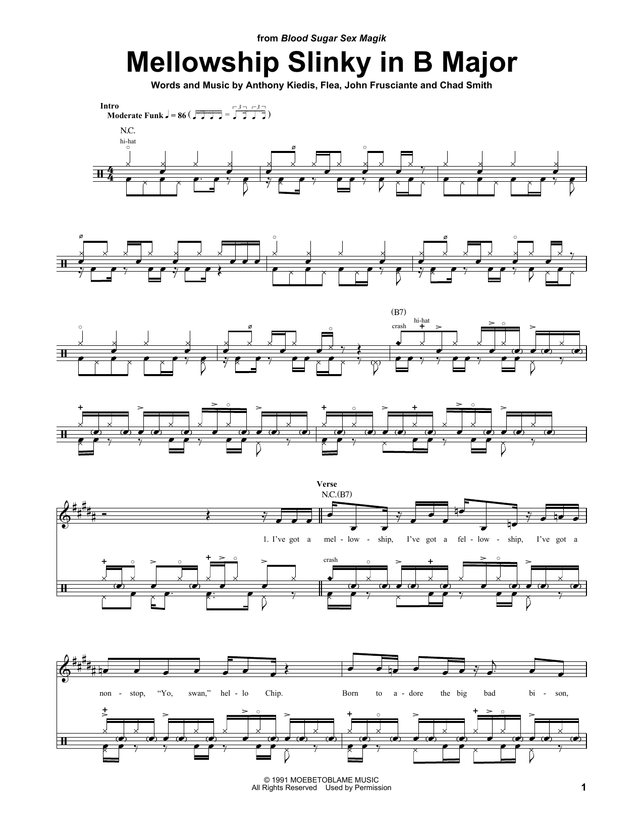 Red Hot Chili Peppers Mellowship Slinky In B Major sheet music notes and chords. Download Printable PDF.