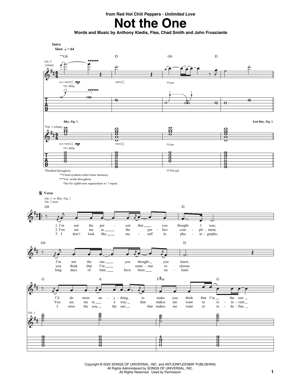 Learn to play Red Hot Chili Peppers Not The One sheet music for Guitar Tab in minutes. Price: 7.8900$ Red Hot Chili Peppers Not The One sheet music notes and chords arranged for Guitar Tab