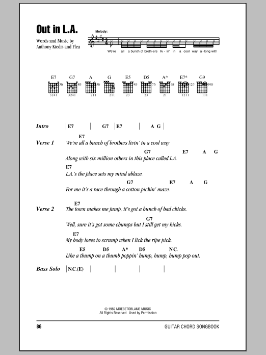 Red Hot Chili Peppers Out In L.A. sheet music notes and chords. Download Printable PDF.