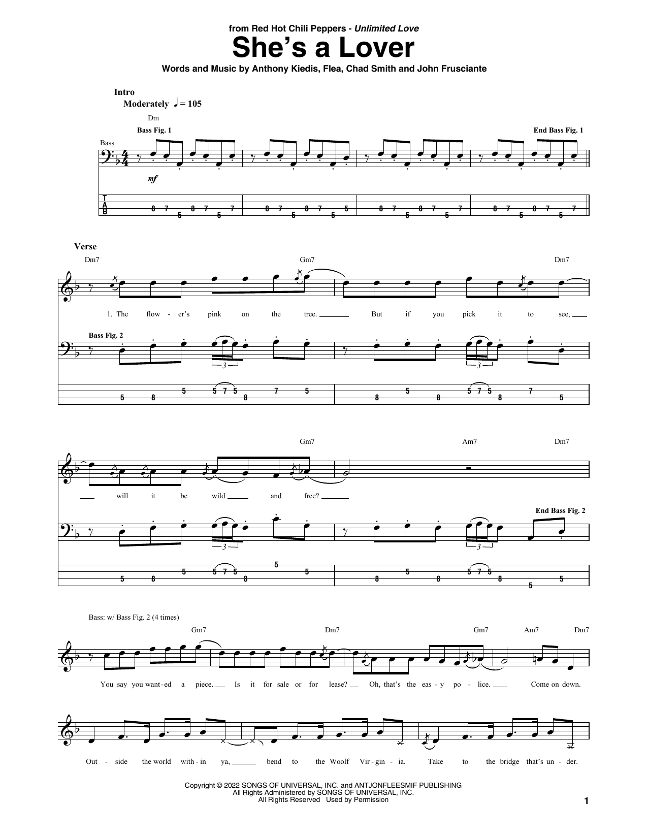 Red Hot Chili Peppers She's A Lover sheet music notes and chords arranged for Bass Guitar Tab