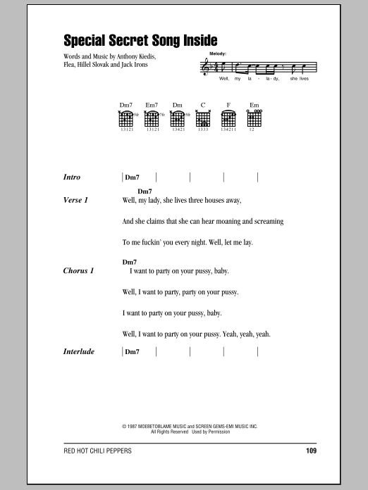 Red Hot Chili Peppers Special Secret Song Inside sheet music notes and chords. Download Printable PDF.