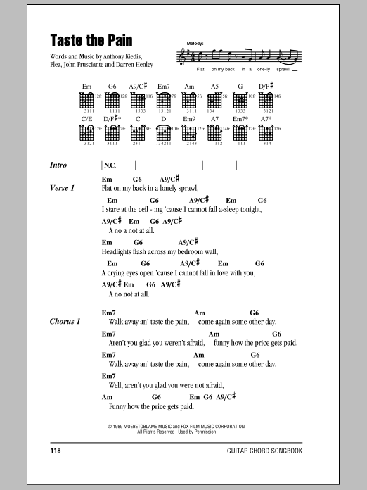 Learn to play Red Hot Chili Peppers Taste The Pain sheet music for Guitar Chords/Lyrics in minutes. Price: 4.4900$ Red Hot Chili Peppers Taste The Pain sheet music notes and chords arranged for Guitar Chords/Lyrics