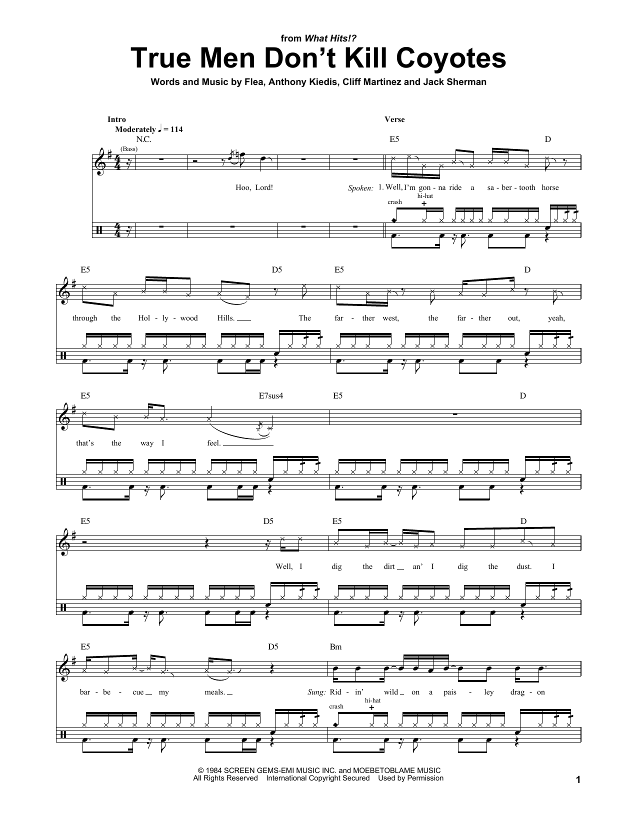 Red Hot Chili Peppers True Men Don't Kill Coyotes sheet music notes and chords. Download Printable PDF.