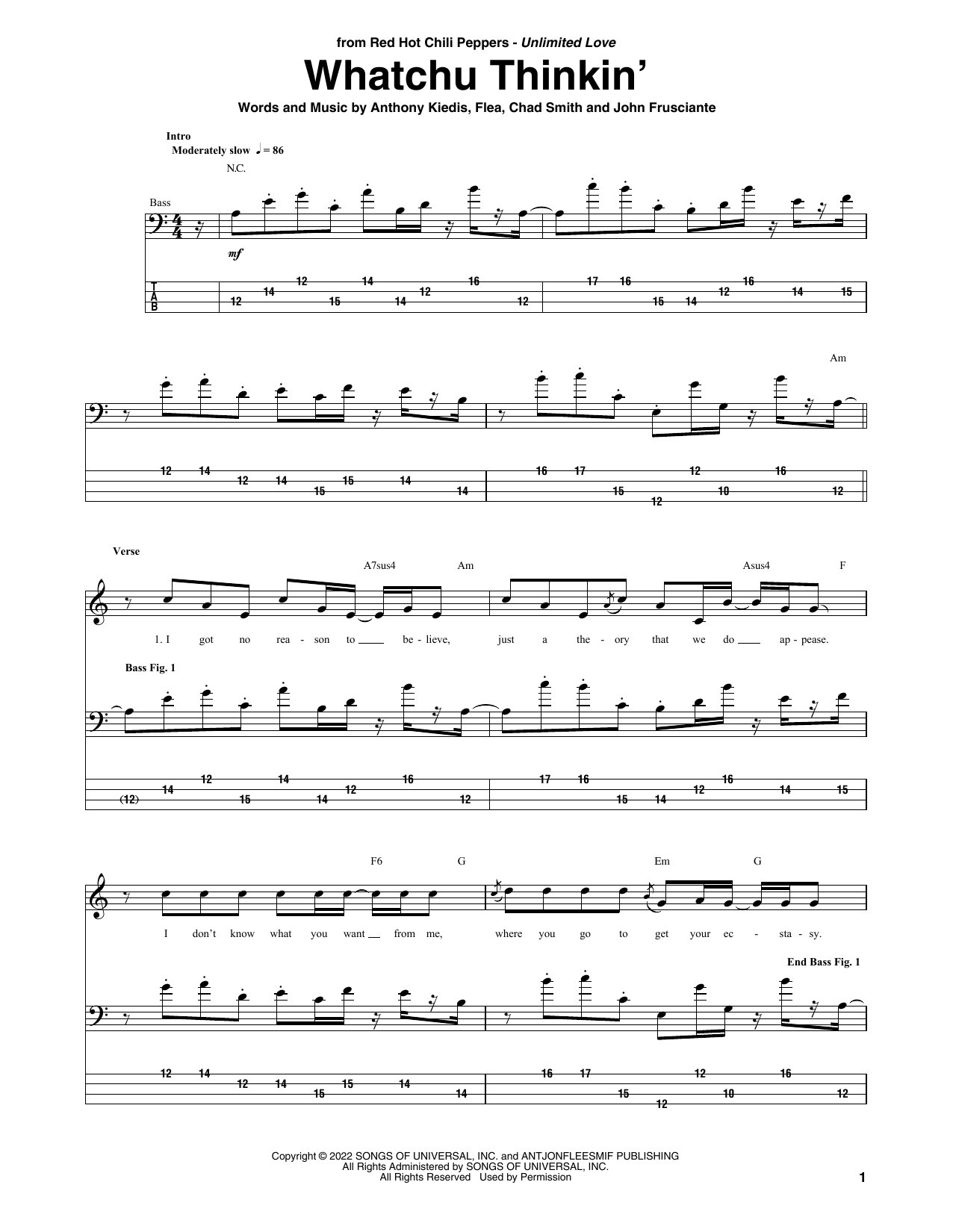 Red Hot Chili Peppers Whatchu Thinkin' sheet music notes and chords arranged for Bass Guitar Tab