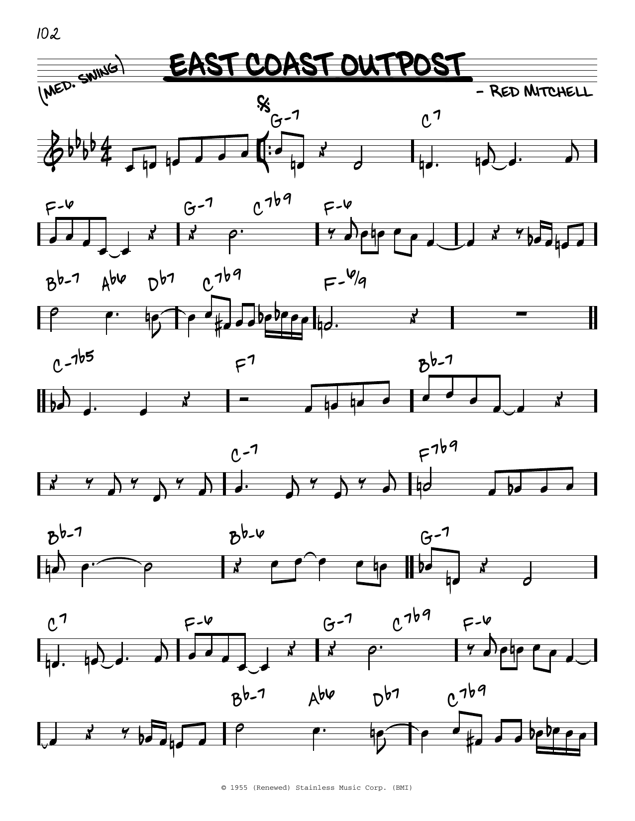 Learn to play Red Mitchell East Coast Outpost sheet music for Real Book – Melody & Chords in minutes. Price: 5.9900$ Red Mitchell East Coast Outpost sheet music notes and chords arranged for Real Book – Melody & Chords