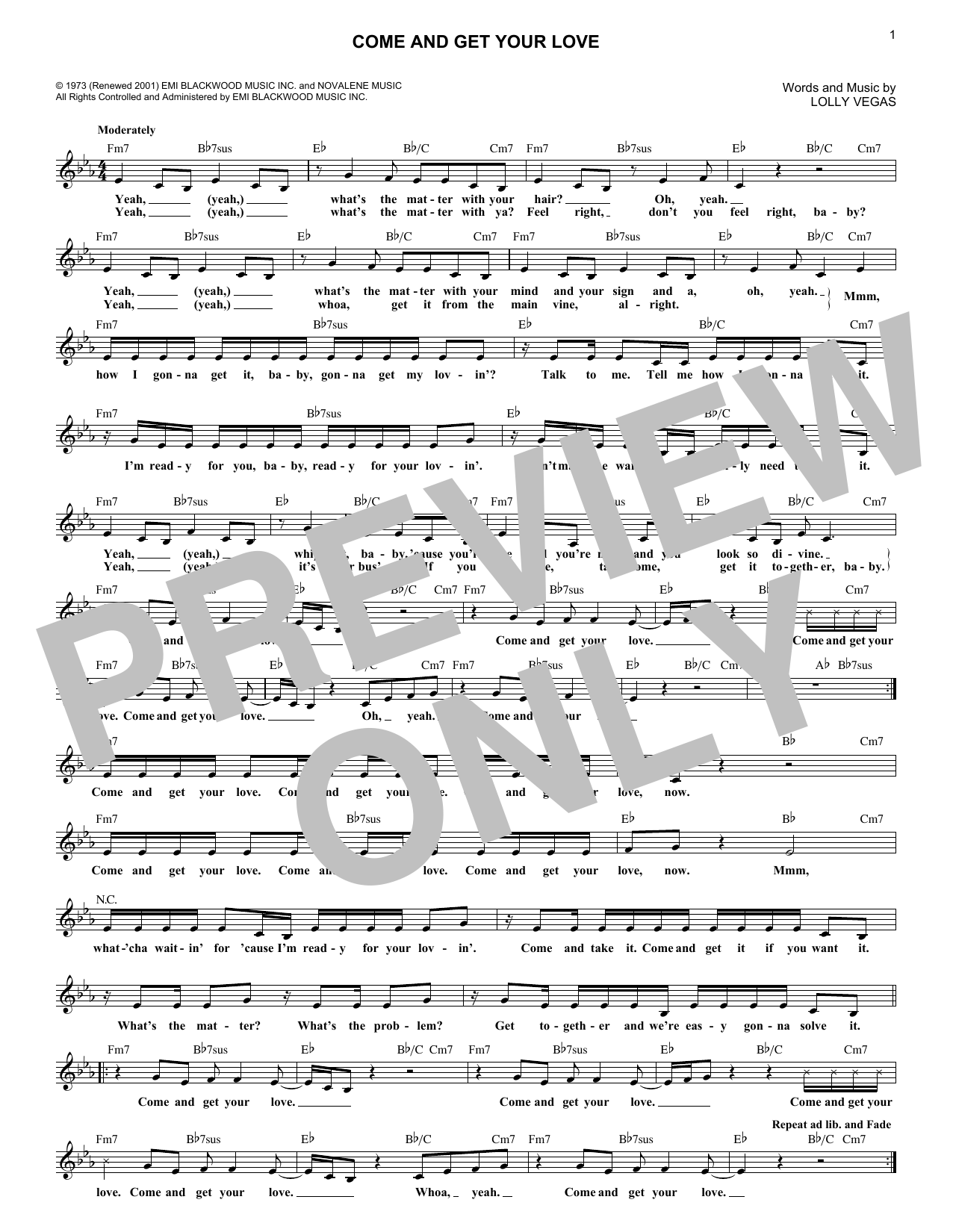 Redbone Come And Get Your Love sheet music notes and chords. Download Printable PDF.