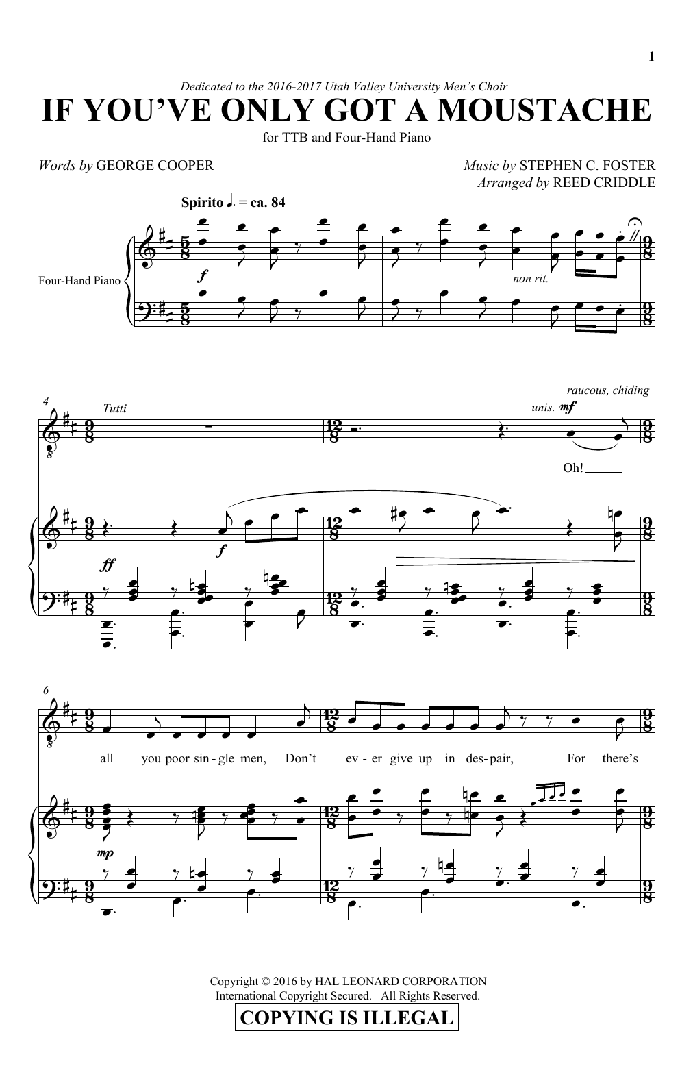 Learn to play Stephen Foster If You've Only Got A Moustache (arr. Reed Criddle) sheet music for TTBB Choir in minutes. Price: 3.9900$ Stephen Foster If You've Only Got A Moustache (arr. Reed Criddle) sheet music notes and chords arranged for TTBB Choir