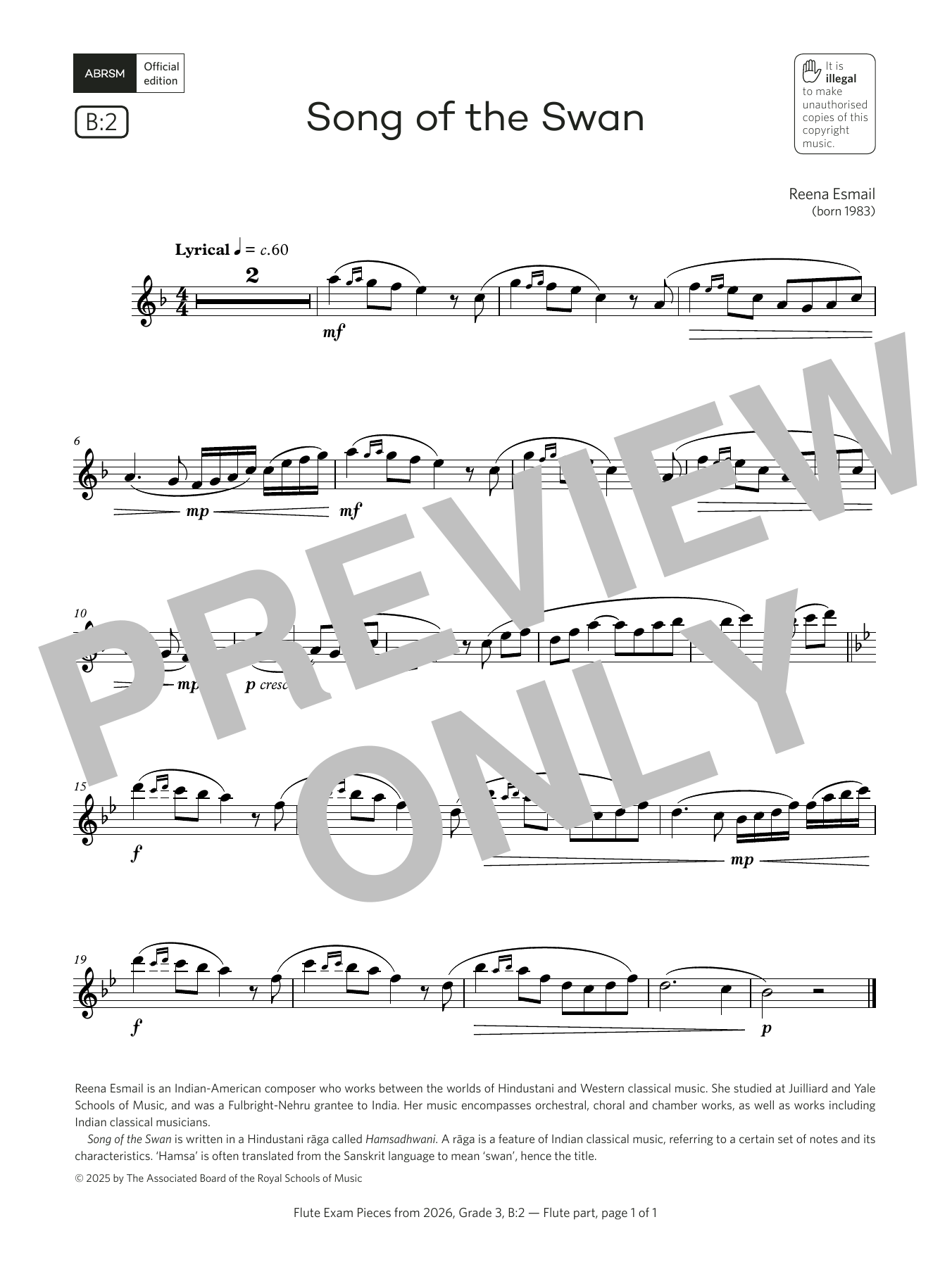 Learn to play Reena Esmail Song of the Swan (Grade 3, list B2, from the ABRSM Flute Syllabus from 2026) sheet music for Flute Solo in minutes. Price: 5.9900$ Reena Esmail Song of the Swan (Grade 3, list B2, from the ABRSM Flute Syllabus from 2026) sheet music notes and chords arranged for Flute Solo