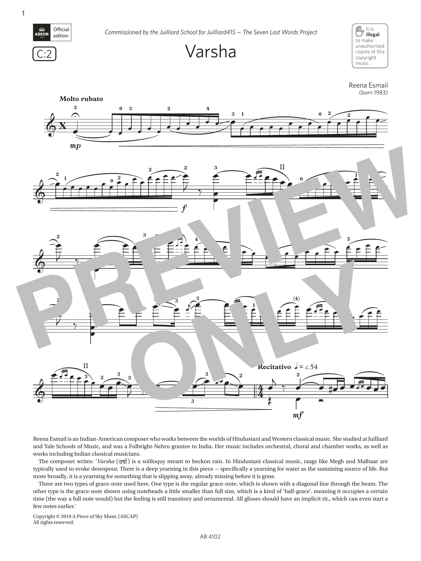 Reena Esmail Varsha (Grade 8, C2, from the ABRSM Violin Syllabus from 2024) sheet music notes and chords. Download Printable PDF.