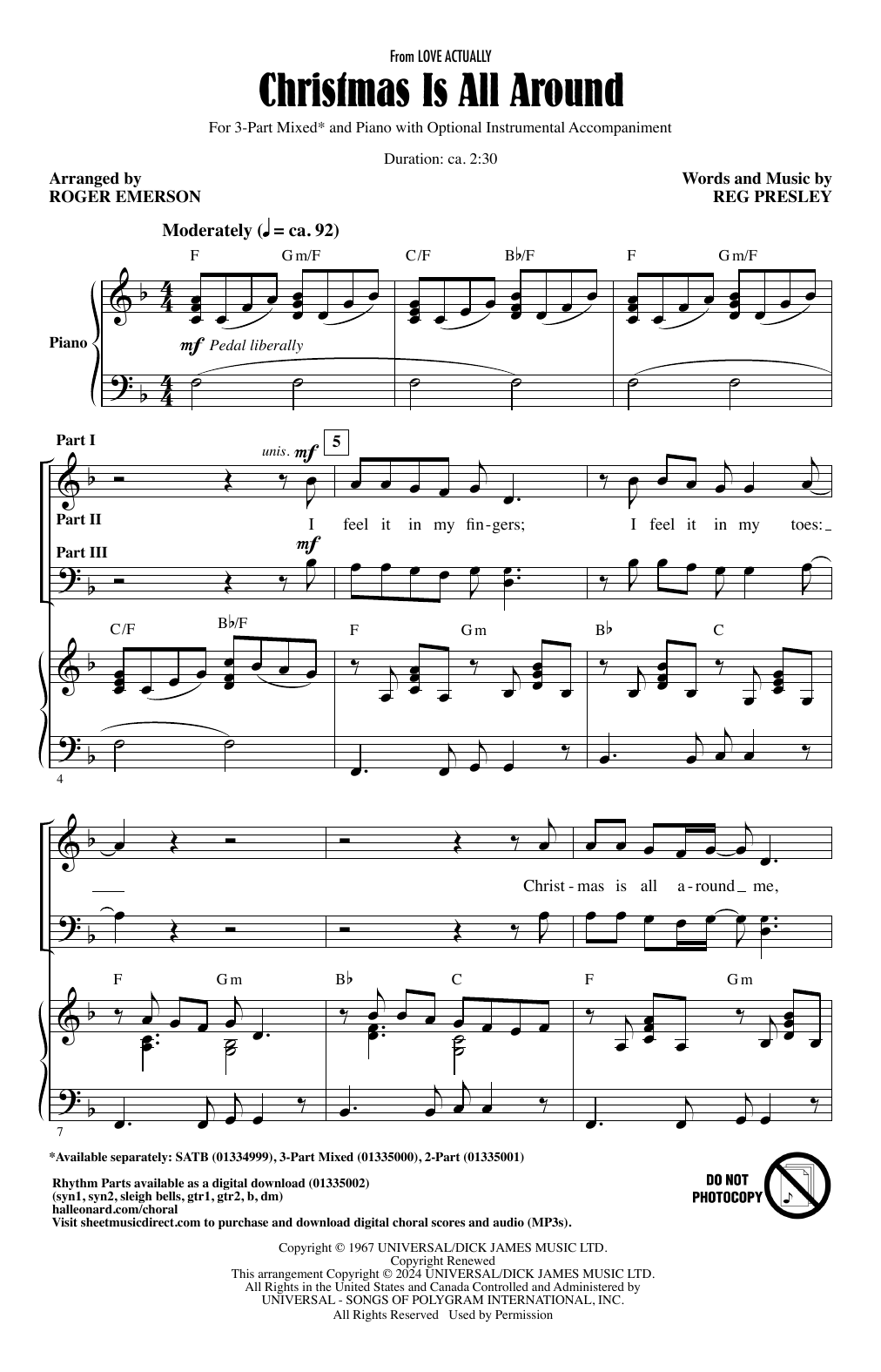 Reg Presley Christmas Is All Around (from Love Actually) (arr. Roger Emerson) sheet music notes and chords. Download Printable PDF.