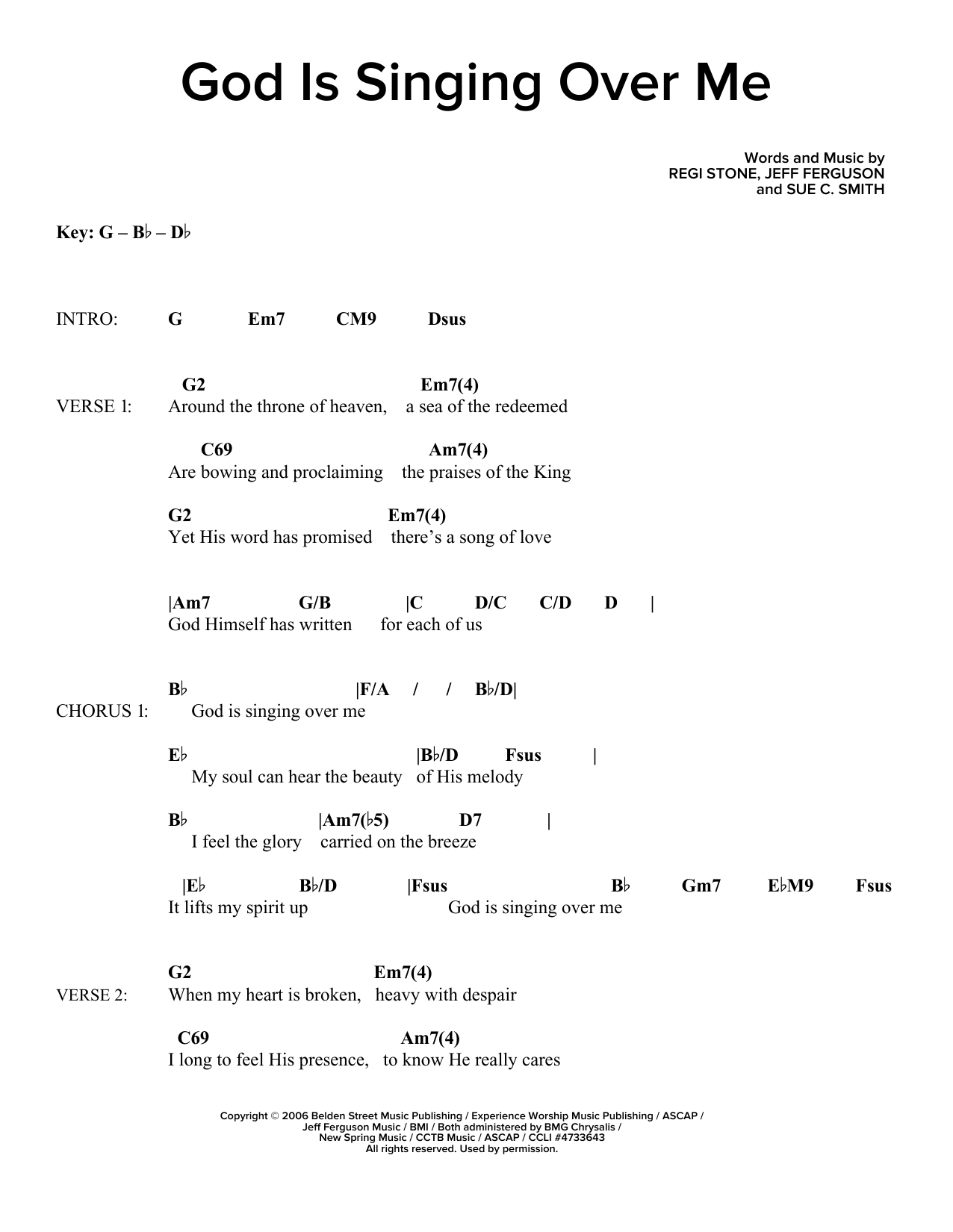 Regi Stone, Jeff Ferguson and Sue C. Smith God Is Singing Over Me sheet music notes and chords. Download Printable PDF.