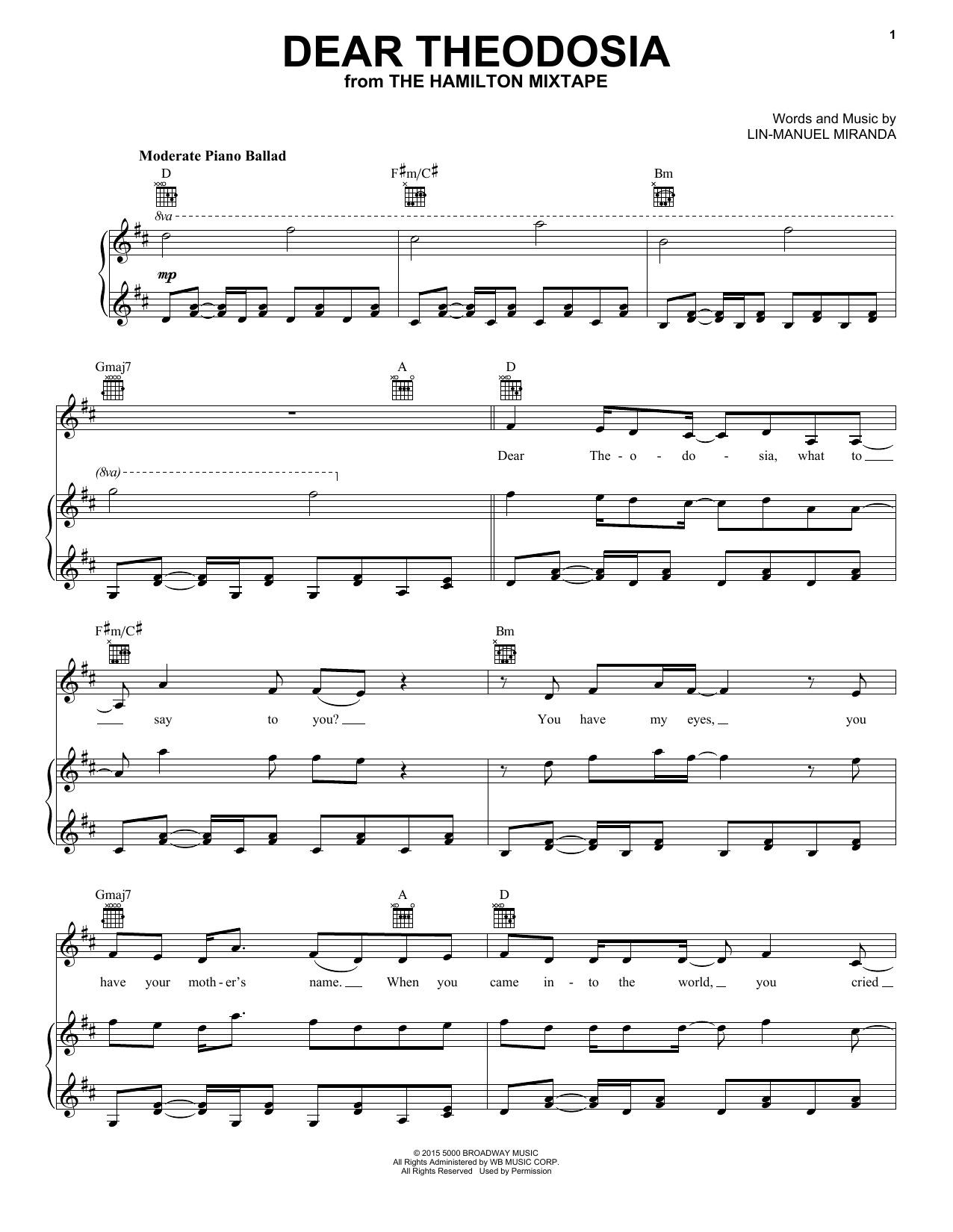 Regina Spektor Dear Theodosia (feat. Ben Folds) sheet music notes and chords. Download Printable PDF.