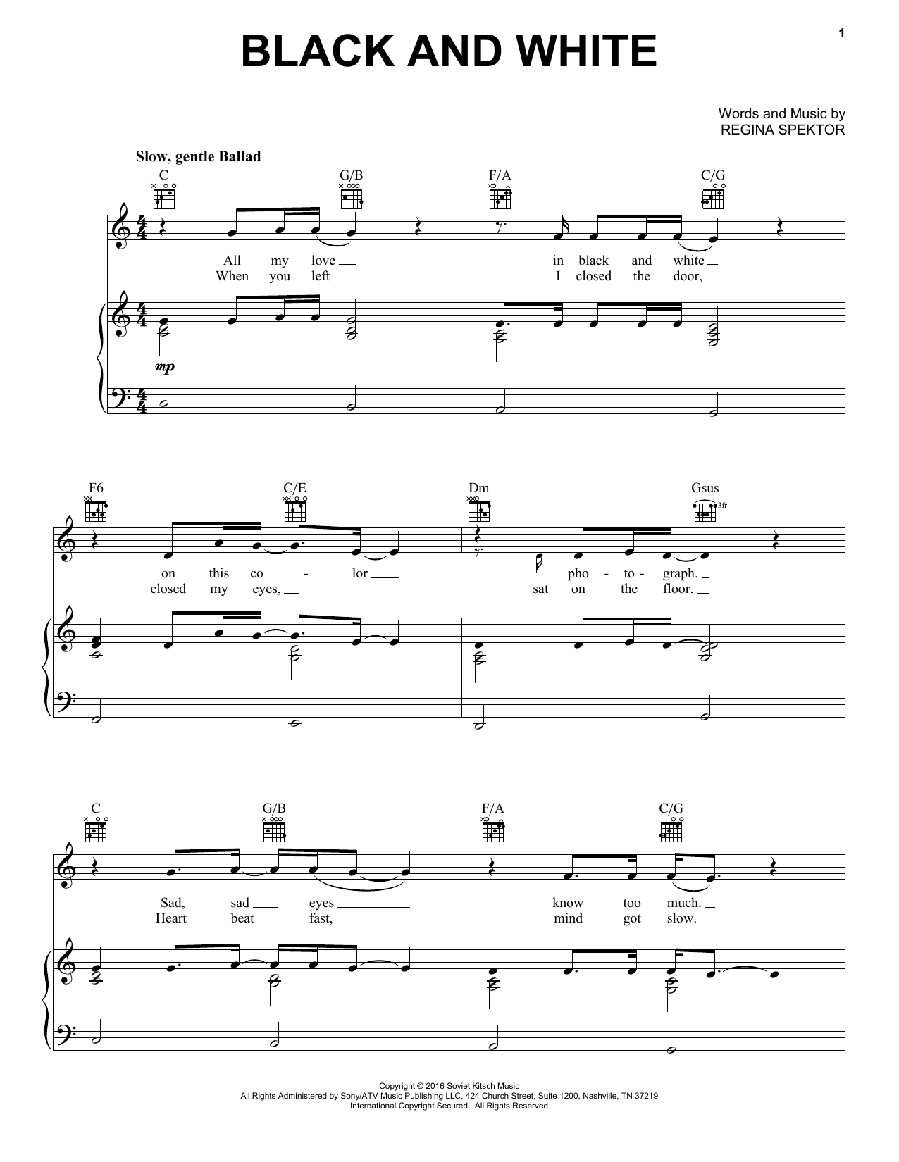 Learn to play Regina Spektor Black And White sheet music for Piano, Vocal & Guitar Chords (Right-Hand Melody) in minutes. Price: 7.8900$ Regina Spektor Black And White sheet music notes and chords arranged for Piano, Vocal & Guitar Chords (Right-Hand Melody)