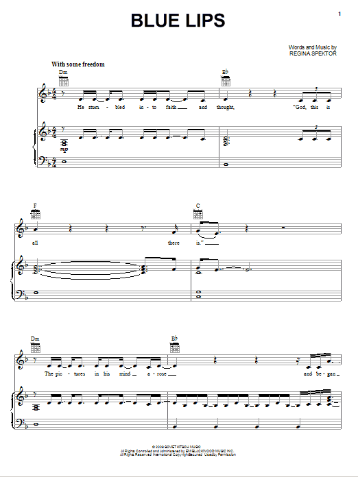 Learn to play Regina Spektor Blue Lips sheet music for Piano, Vocal & Guitar Chords (Right-Hand Melody) in minutes. Price: 7.8900$ Regina Spektor Blue Lips sheet music notes and chords arranged for Piano, Vocal & Guitar Chords (Right-Hand Melody)