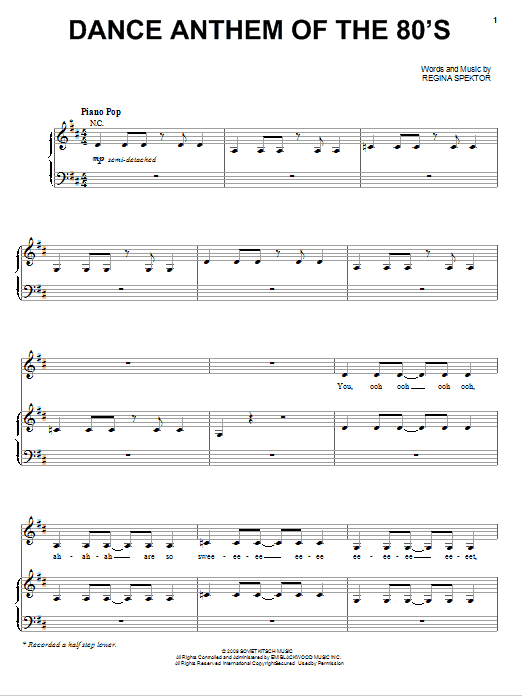 Learn to play Regina Spektor Dance Anthem Of The 80's sheet music for Piano, Vocal & Guitar Chords (Right-Hand Melody) in minutes. Price: 7.8900$ Regina Spektor Dance Anthem Of The 80's sheet music notes and chords arranged for Piano, Vocal & Guitar Chords (Right-Hand Melody)