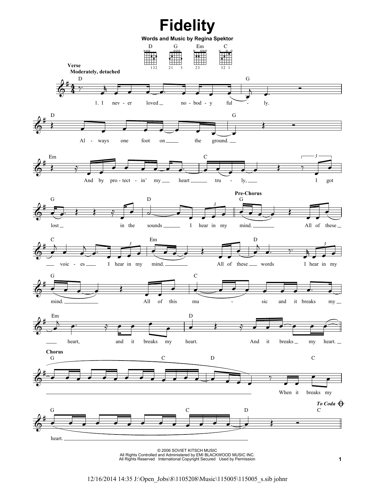 Regina Spektor Fidelity sheet music notes and chords. Download Printable PDF.