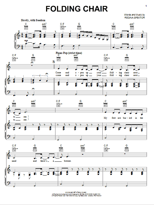 Learn to play Regina Spektor Folding Chair sheet music for Piano, Vocal & Guitar Chords (Right-Hand Melody) in minutes. Price: 7.8900$ Regina Spektor Folding Chair sheet music notes and chords arranged for Piano, Vocal & Guitar Chords (Right-Hand Melody)