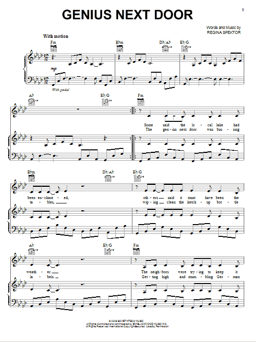 Learn to play Regina Spektor Genius Next Door sheet music for Piano, Vocal & Guitar Chords (Right-Hand Melody) in minutes. Price: 7.8900$ Regina Spektor Genius Next Door sheet music notes and chords arranged for Piano, Vocal & Guitar Chords (Right-Hand Melody)