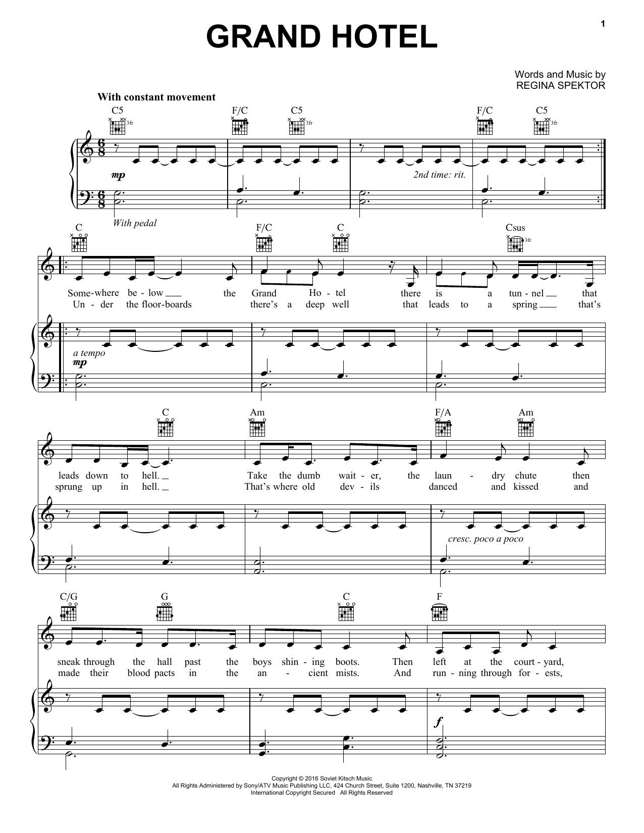Learn to play Regina Spektor Grand Hotel sheet music for Piano & Vocal in minutes. Price: 7.8900$ Regina Spektor Grand Hotel sheet music notes and chords arranged for Piano & Vocal
