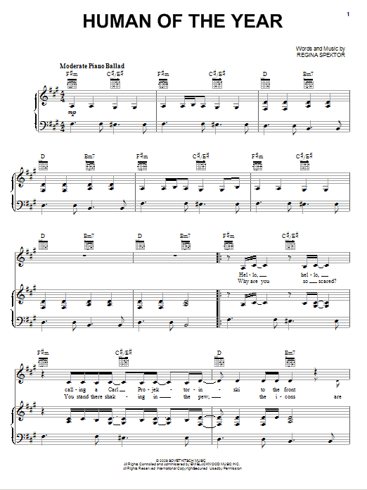 Learn to play Regina Spektor Human Of The Year sheet music for Piano, Vocal & Guitar Chords (Right-Hand Melody) in minutes. Price: 7.8900$ Regina Spektor Human Of The Year sheet music notes and chords arranged for Piano, Vocal & Guitar Chords (Right-Hand Melody)