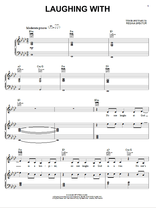 Learn to play Regina Spektor Laughing With sheet music for Piano, Vocal & Guitar Chords (Right-Hand Melody) in minutes. Price: 7.8900$ Regina Spektor Laughing With sheet music notes and chords arranged for Piano, Vocal & Guitar Chords (Right-Hand Melody)