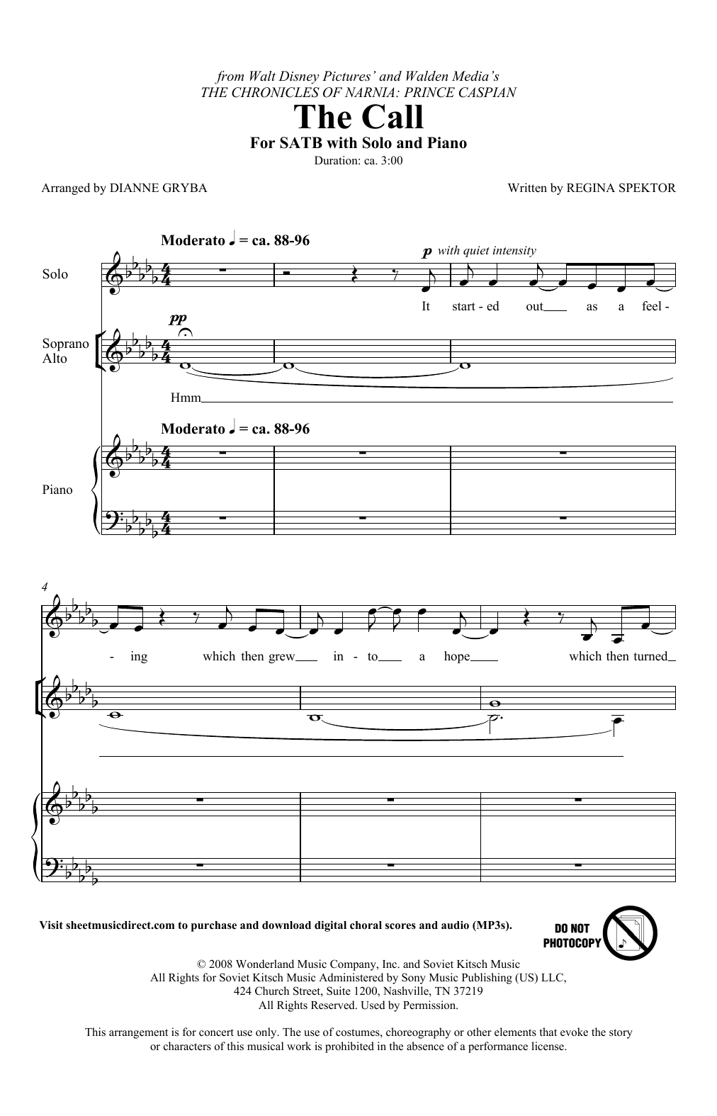 Regina Spektor The Call (from The Chronicles Of Narnia: Prince Caspian) (arr. Dianne Gryba) sheet music notes and chords. Download Printable PDF.