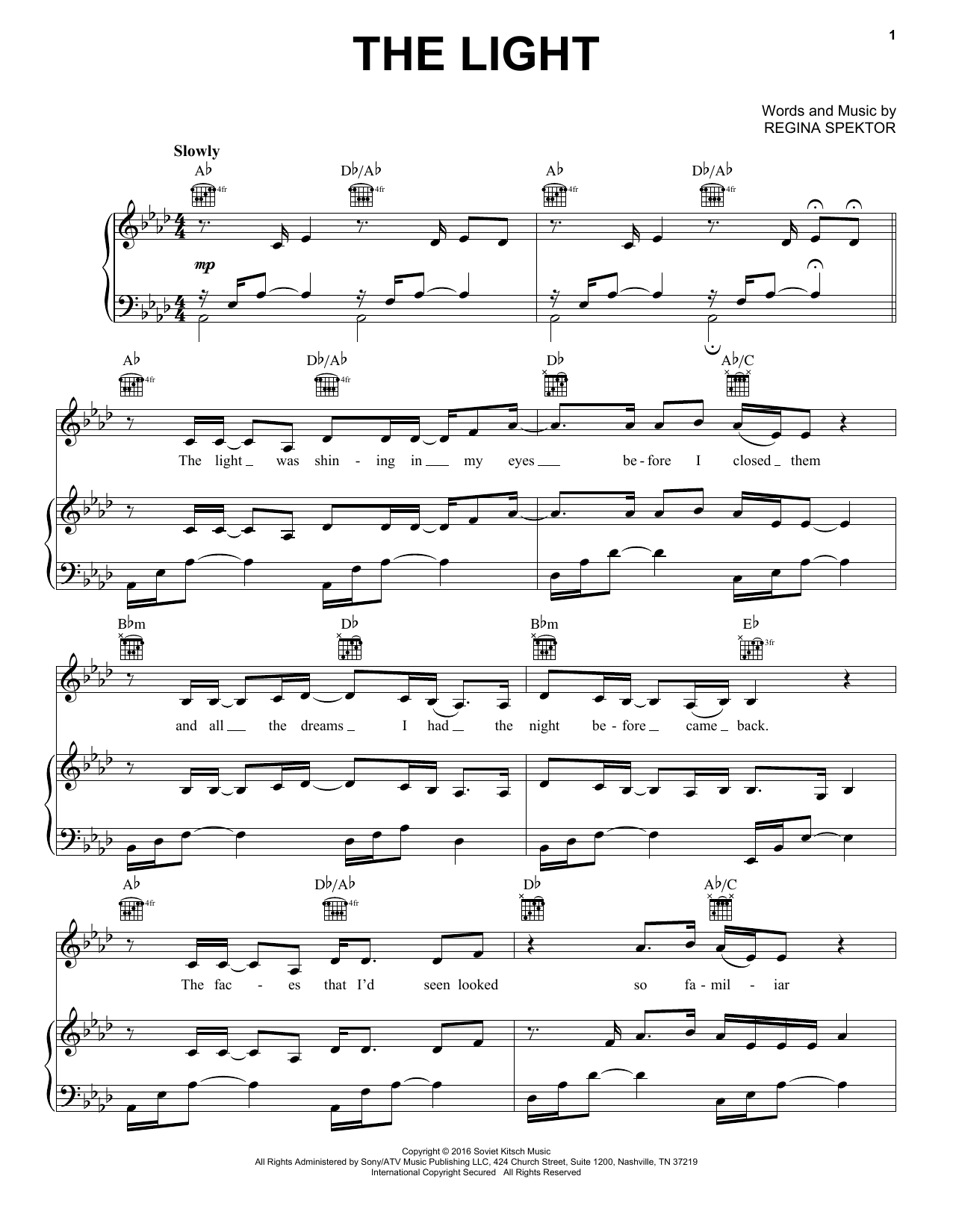 Regina Spektor The Light sheet music notes and chords. Download Printable PDF.