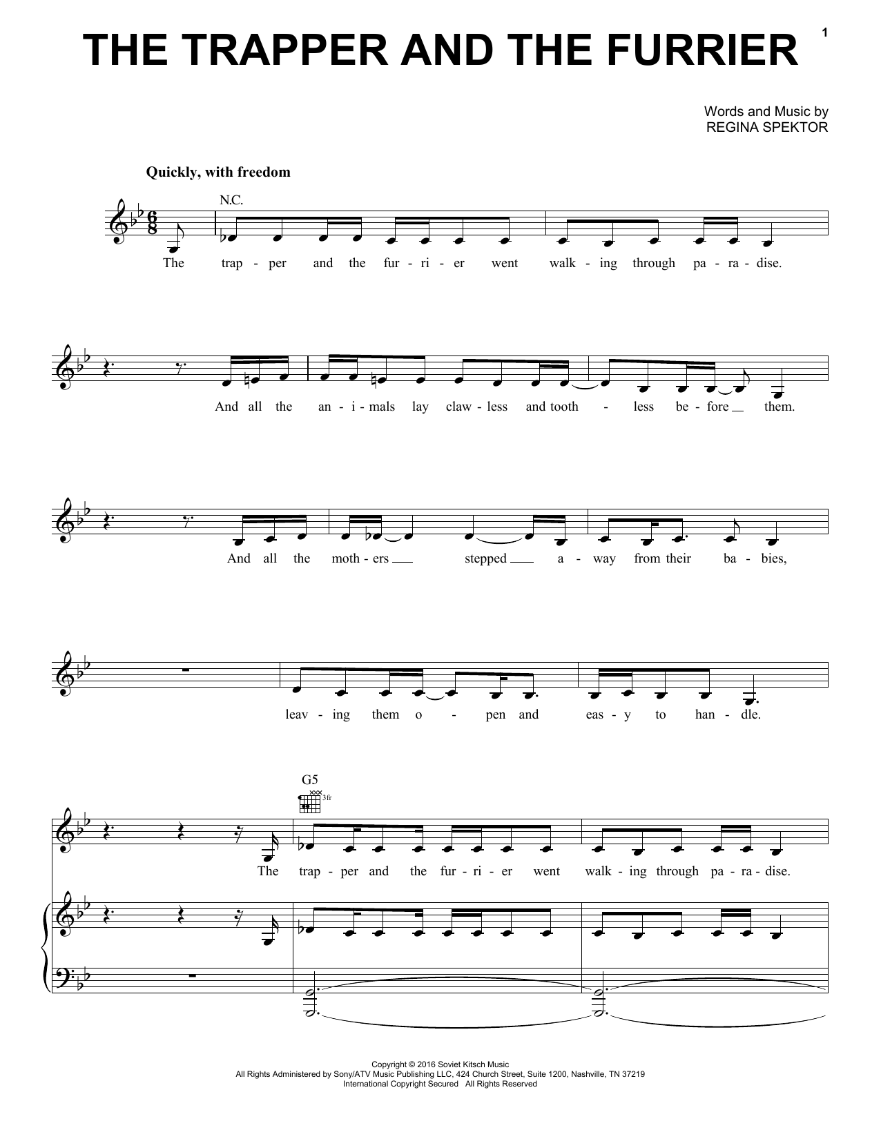 Regina Spektor The Trapper And The Furrier sheet music notes and chords. Download Printable PDF.